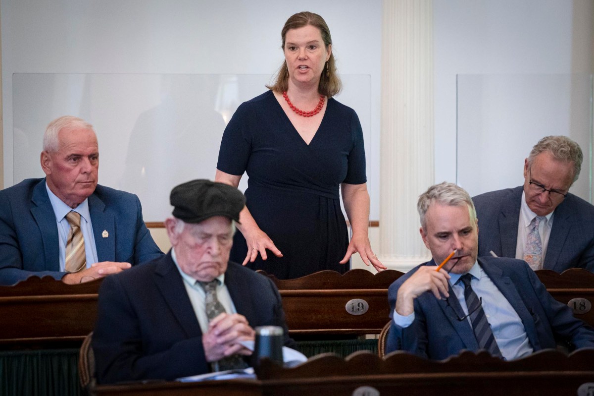 a woman standing in front of a group of people.