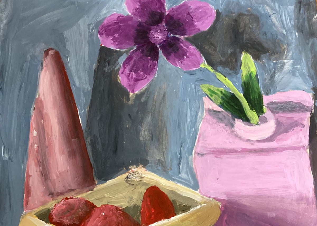 a painting of a pink vase with a purple flower.