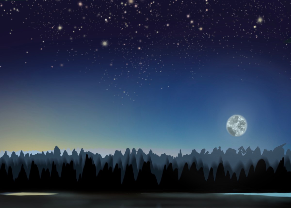A night sky with a moon and stars.