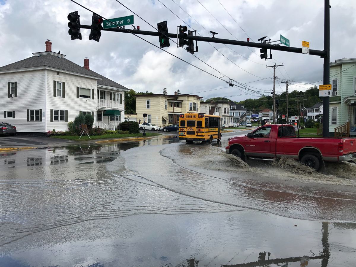 A flooded street.