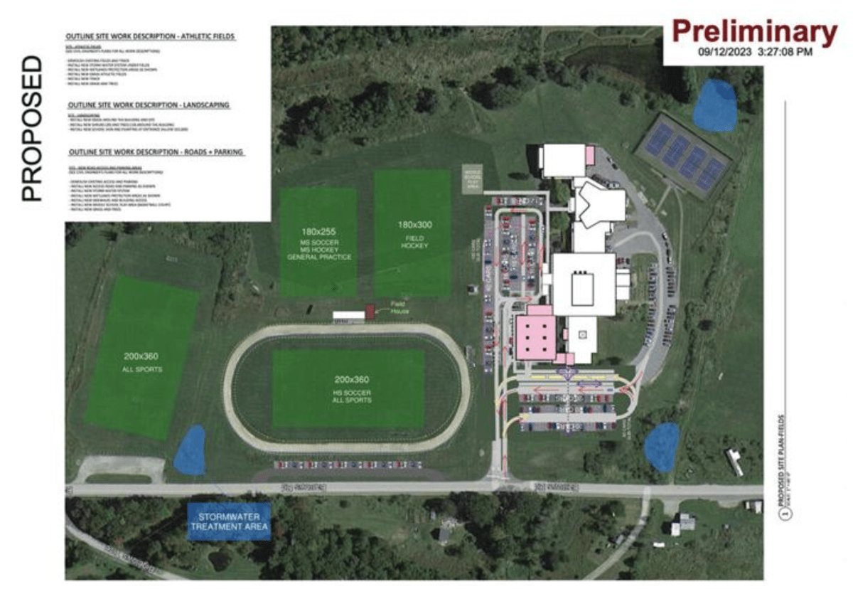 Map graphic of fields and building