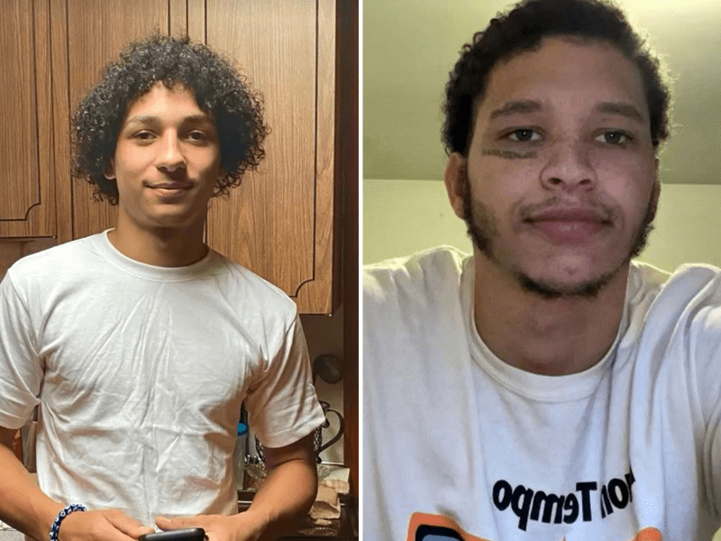 Two pictures of a young man with curly hair.