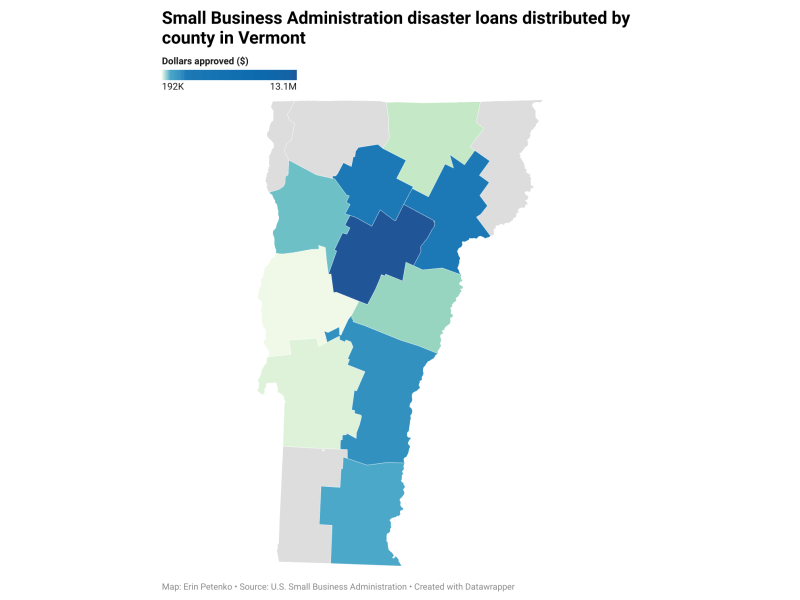 Map showing Small Business Administration disaster loans distribution by county in Vermont.
