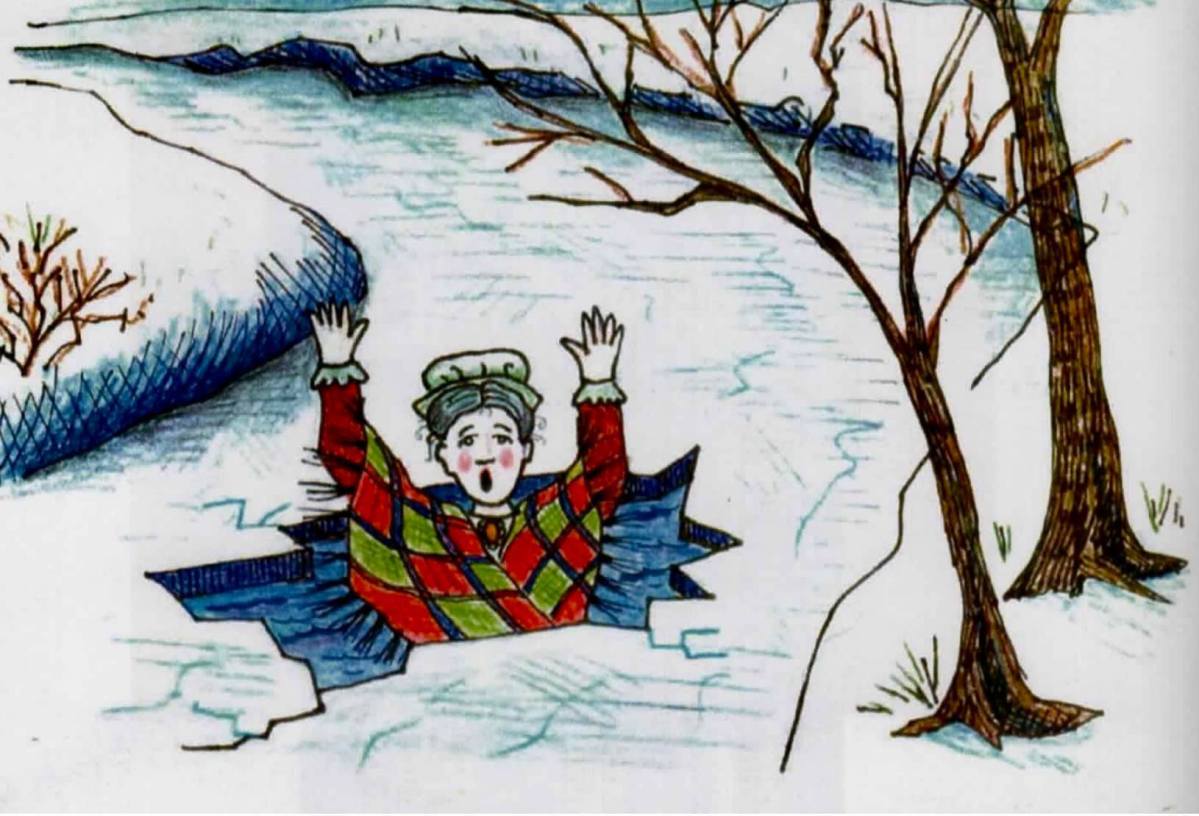 A costumed figure in a hole in the ice