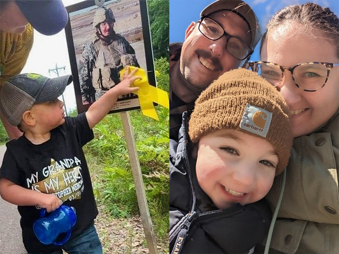Two pictures of a family holding a sign with a picture of a soldier.