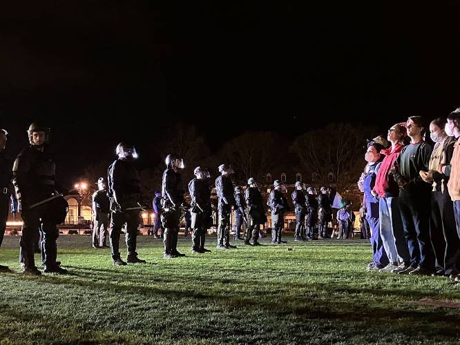 A group of people facing a line of police officers in riot gear at night on a grassy field, illuminated by ambient light.