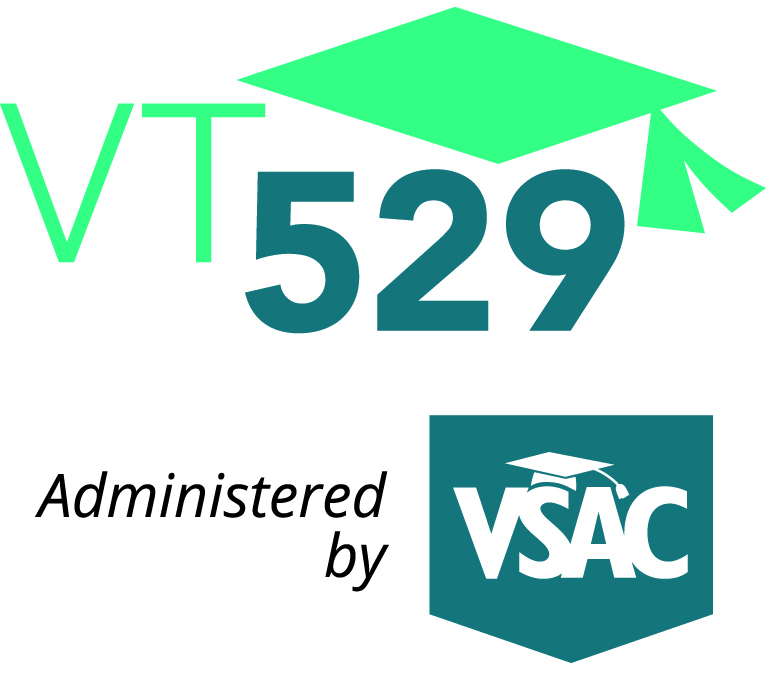 Logo for vt 529 plan featuring a green graduation cap above the text "vt 529," with "administered by vsac" below in front of a blue shield logo.