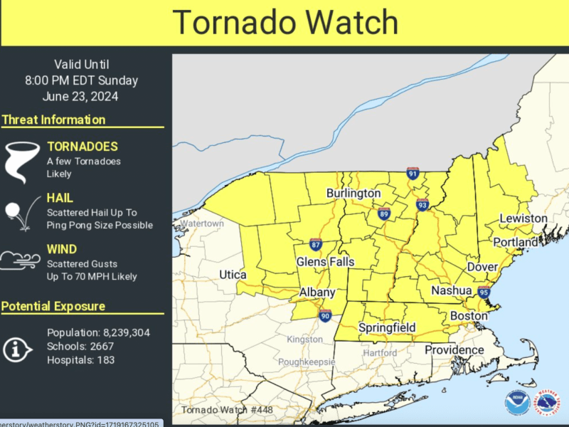 Map of Tornado Watch indicating risk areas in yellow across parts of the northeastern United States, valid until 8:00 PM EDT on June 23, 2024. Information on potential tornadoes, hail, and wind is provided.