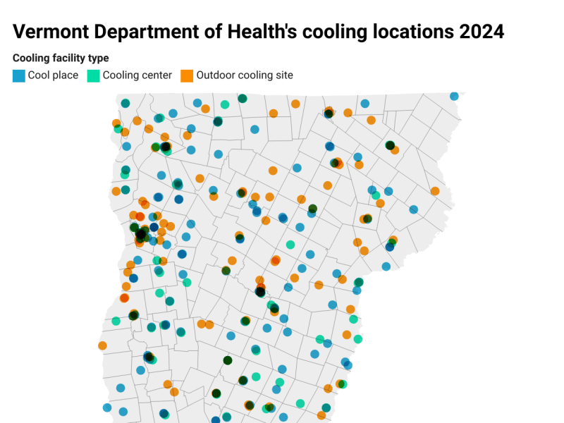 A map of the top part of the state of Vermont with orange, teal and blue dots on it. There's a title that says "Vermont Department of Health's cooling locations 2024."