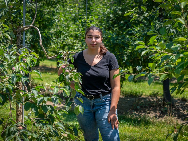 A young woman in a black shirt and jeans stands among green foliage and trees, holding onto a branch, in an outdoor setting.