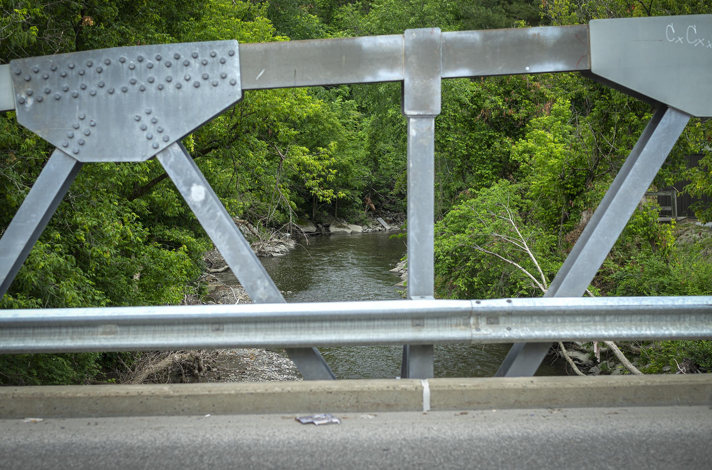 View of a creek surrounded by lush green trees, seen through the metal structure of a bridge with rivets.