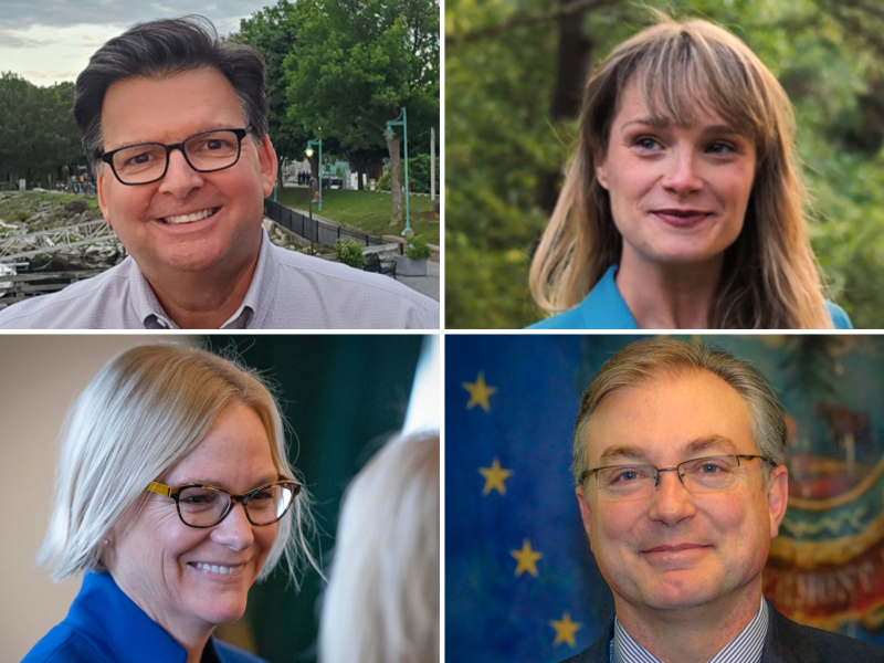Four individuals in a photo collage: a man outdoors, a woman in a blue outfit against greenery, a woman with blonde hair wearing glasses indoors, and a man in a suit against a blue and yellow flag.