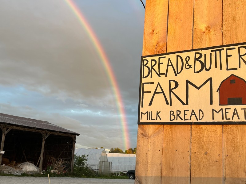 A wooden sign with "Bread & Butter Farm" and "Milk Bread Meat" is mounted on a wooden building. A rainbow arcs above barns and structures in the background under a cloudy sky.