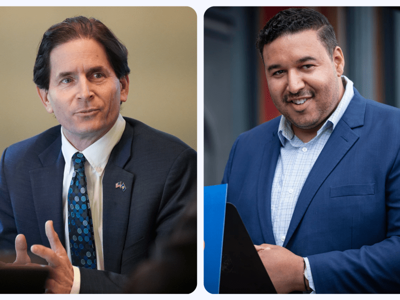 Two side-by-side photos of men in suit jackets.