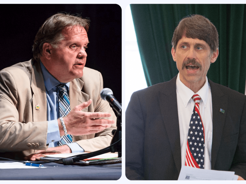 Two men in professional attire speaking at separate events. The man on the left is seated with a microphone and gesturing, while the man on the right is standing, holding papers and speaking.