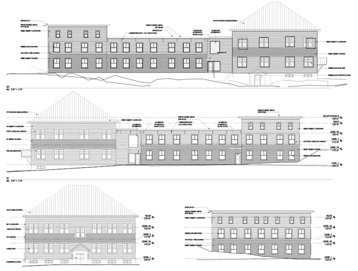 Architectural blueprint showing the elevations of a multi-story building from four different views. The building has a pitched roof, numerous windows, and detailed annotations throughout.