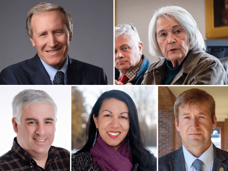 A collage of five individuals, each smiling or engaged in conversation, against diverse backgrounds.