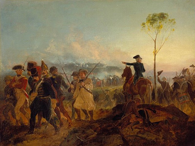 A historical painting depicts a military scene with soldiers, some on horseback, in a landscape setting. One mounted officer points forward, directing a group of soldiers. A tree stands on the right side.