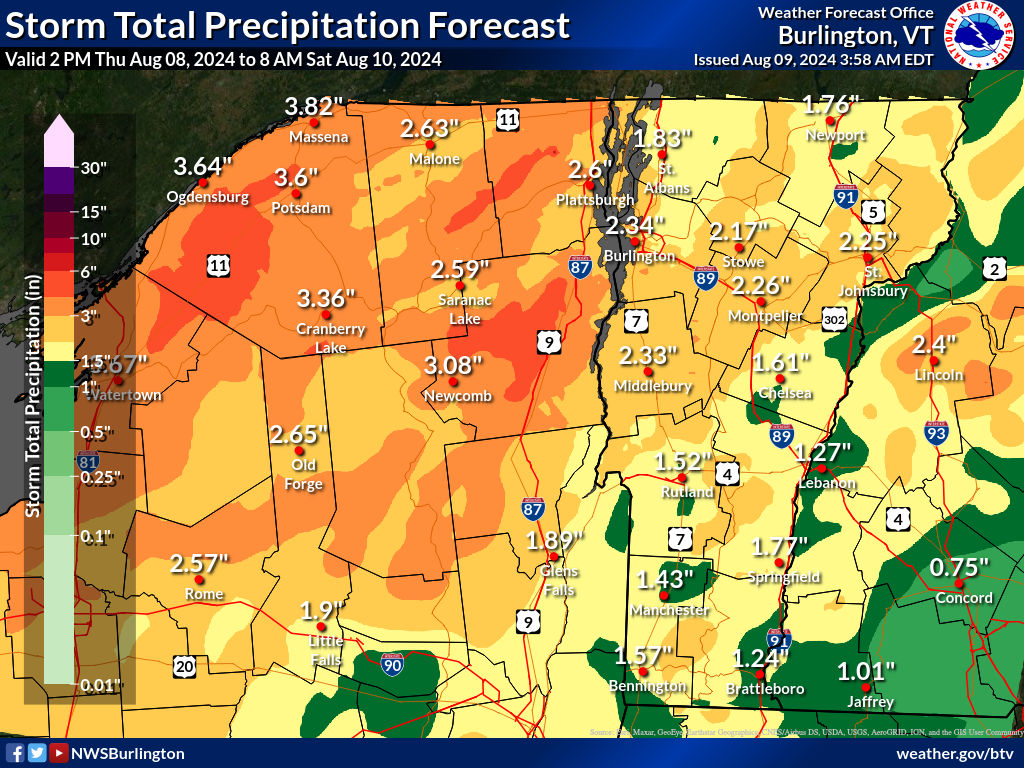 A weather map showing expected storm total precipitation in New England and New York from August 8 to August 10, 2024, with varying amounts from 0.75 inches to over 3.6 inches.