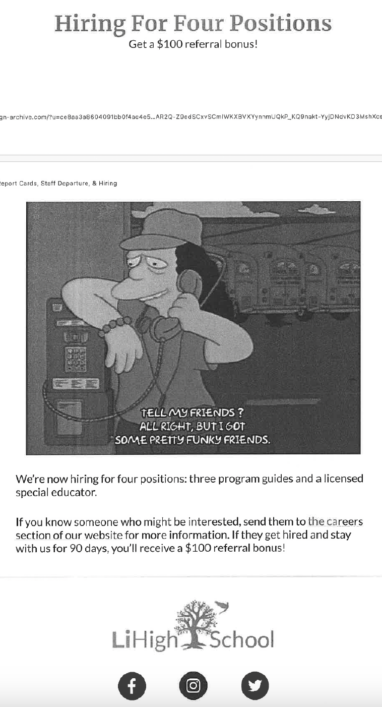 Screenshot of a job hiring site for LiHigh School, listing four open positions with a $100 referral bonus for successful referrals. Includes a cartoon with the quote: "Tell my friends I'm alright, but I got some pretty funky friends.