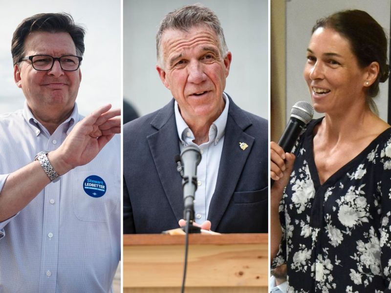 Three side-by-side photos of politicians -- two men and one woman.