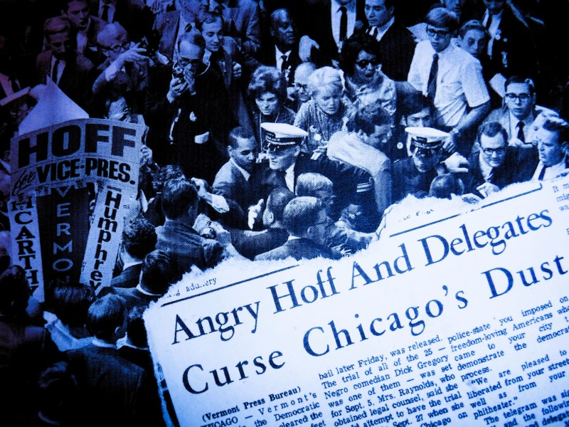 A crowd surrounds two men in uniform near a partly visible sign with "HOFF" and a newspaper headline that reads "Angry Hoff And Delegates Curse Chicago's Dust.