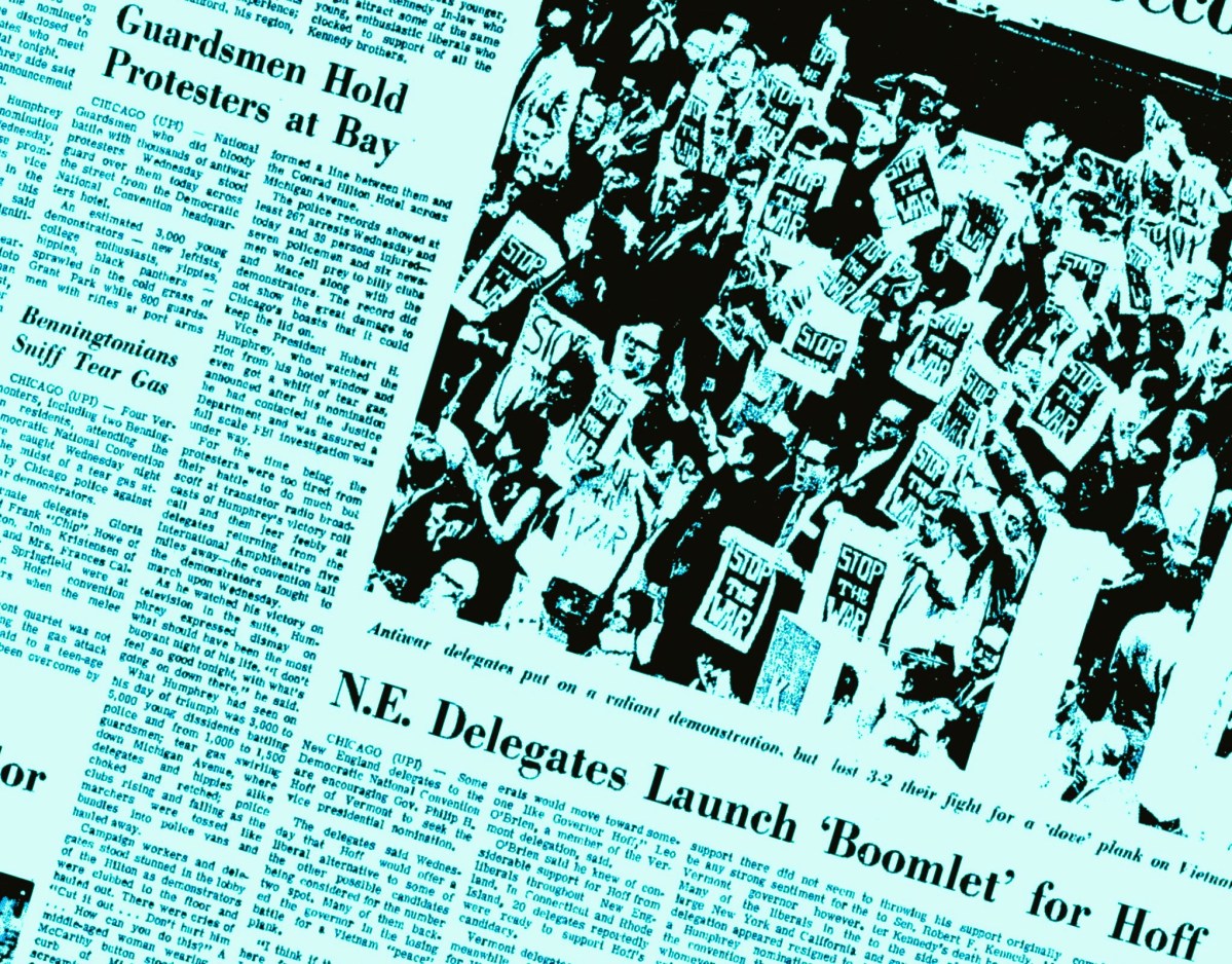 A newspaper page showing a photograph of a group of people holding "STOP THE WAR" signs and headline articles on protests and political delegates.