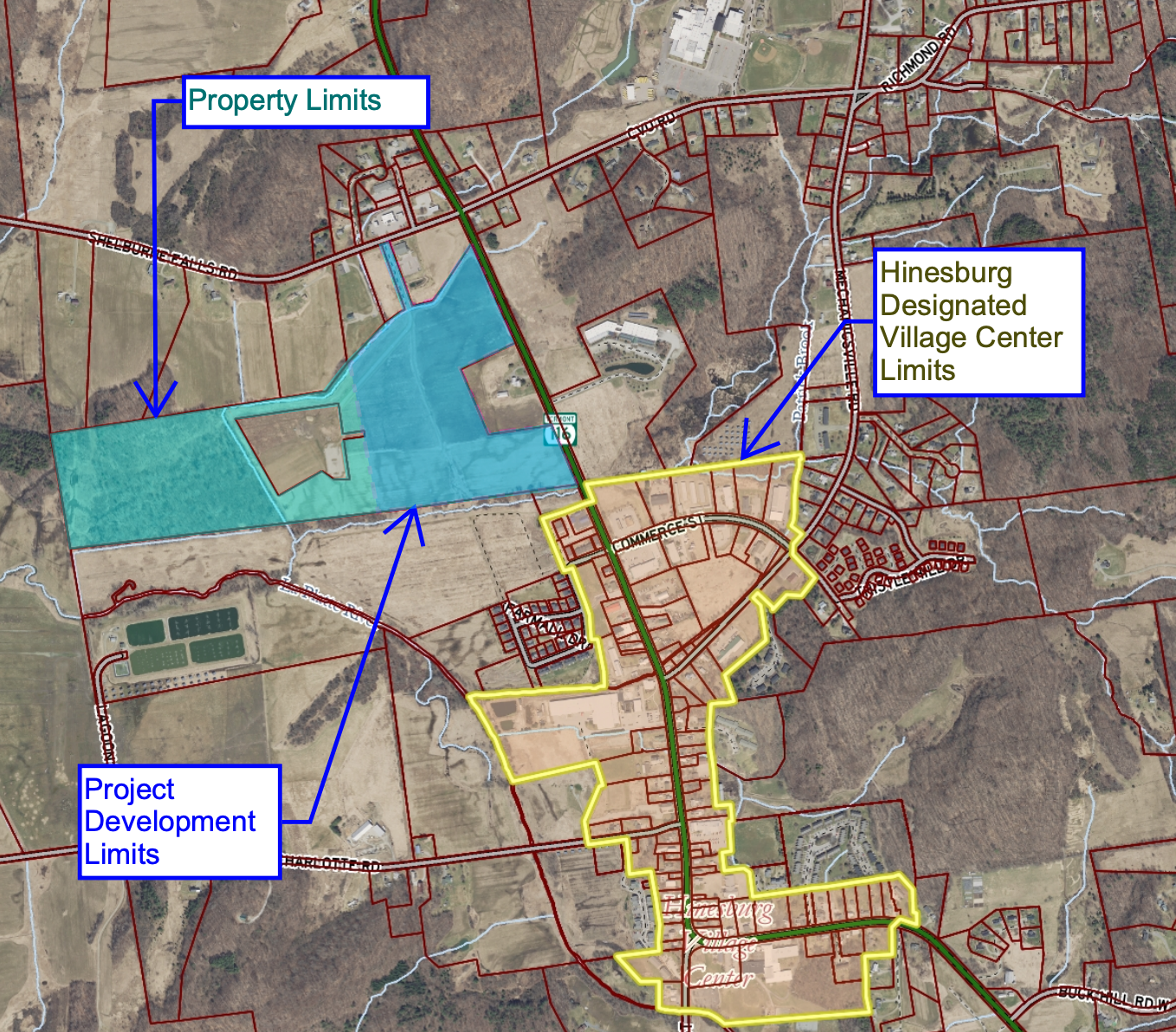 Aerial map showing property limits, Hinesburg Designated Village Center limits, and project development limits highlighted with yellow and blue boundaries.