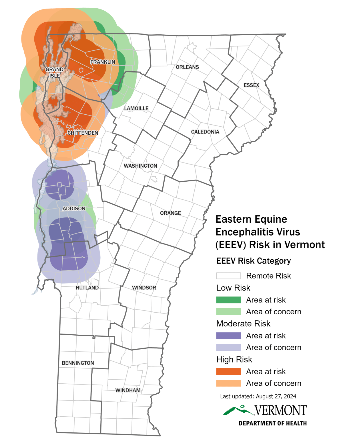 Map of Vermont showing Eastern Equine Encephalitis Virus risk levels, highlighting areas of concern and risk in different shaded regions, updated August 27, 2024.