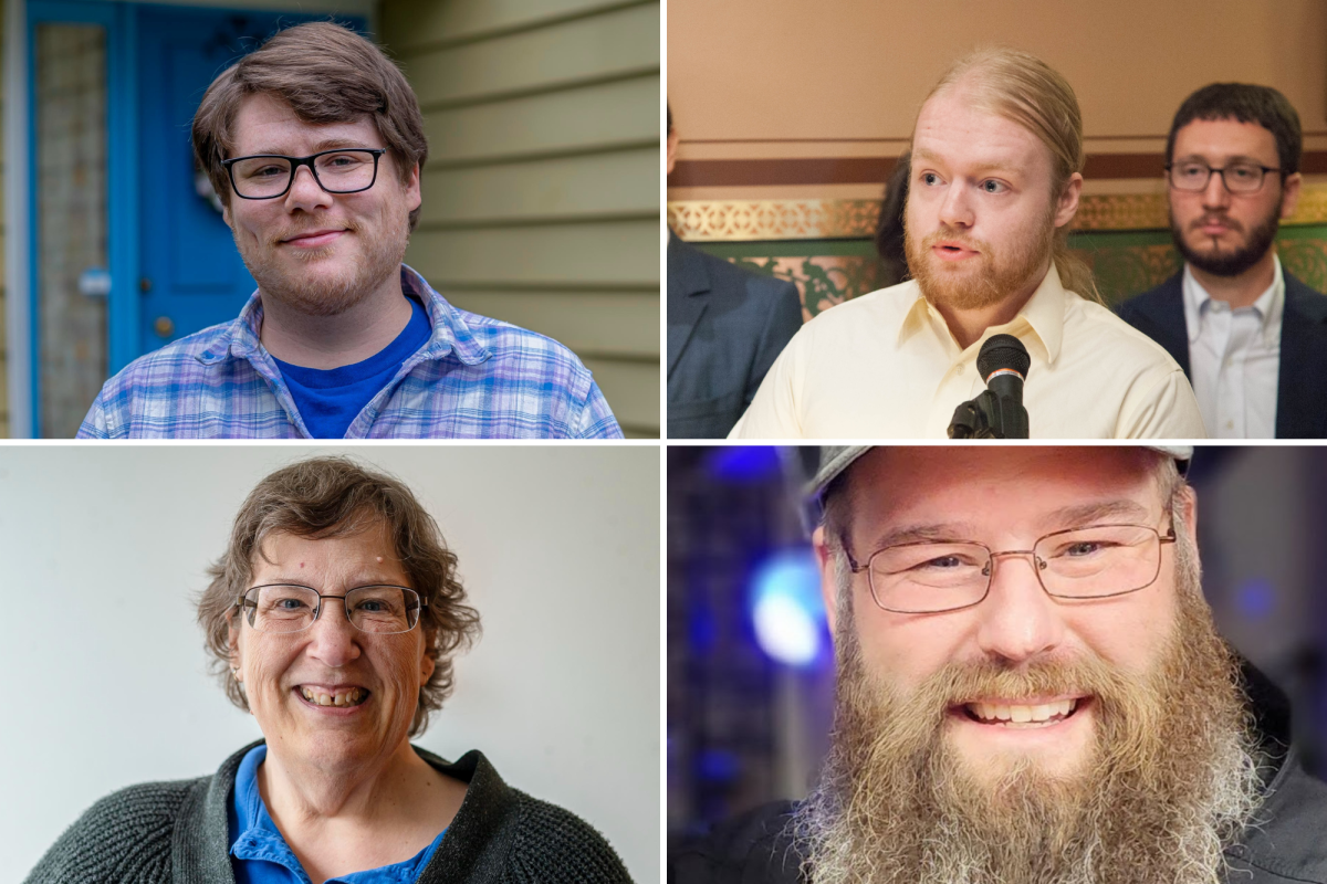 A collage of four people: two men wearing glasses, a man speaking at a microphone, and a woman with short hair, all smiling.