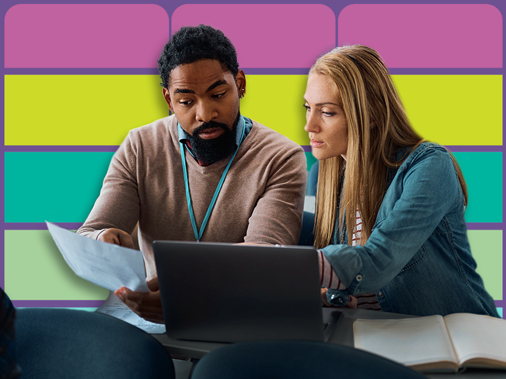 Two people are seated at a desk, reviewing documents and a laptop. A colorful, striped background is visible behind them.