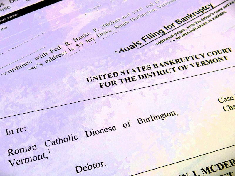 Close-up of a bankruptcy court document header for the Roman Catholic Diocese of Burlington in Vermont.