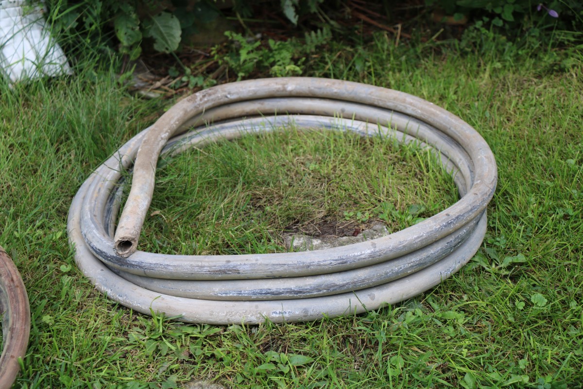 A coiled, weathered hose lies on a grassy lawn.