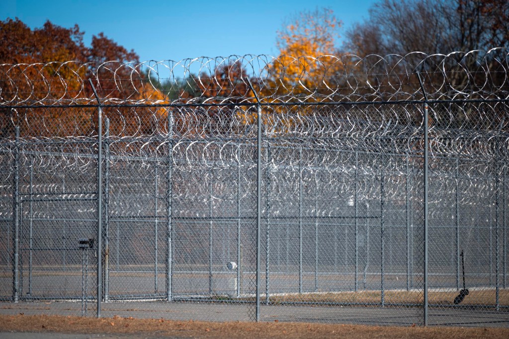 A fenced area with barbed wire and chain-link fencing under a clear blue sky. Trees with autumn leaves are visible in the background.