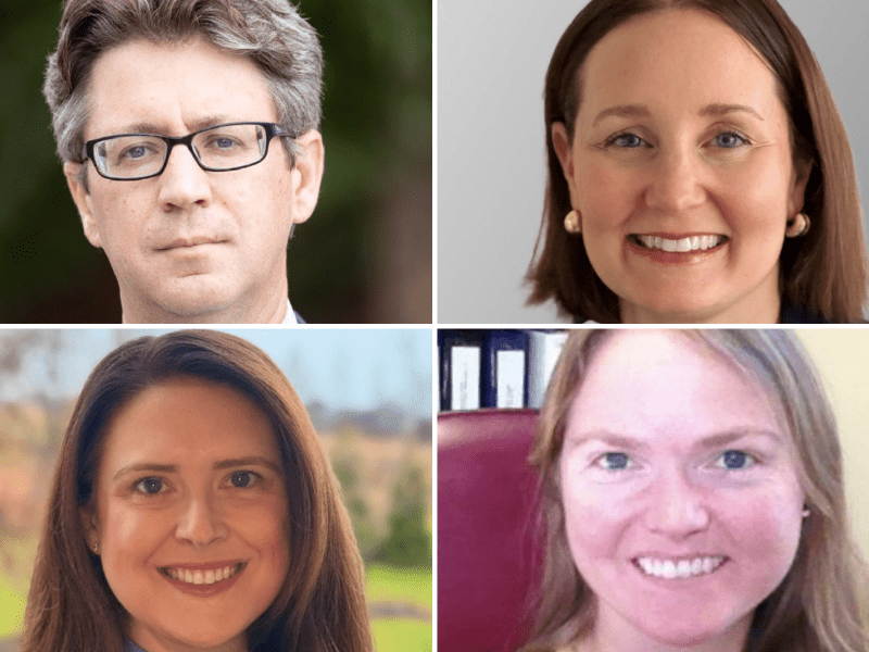 A collage of two men and two women. Each person is shown from the shoulders up, smiling at the camera.