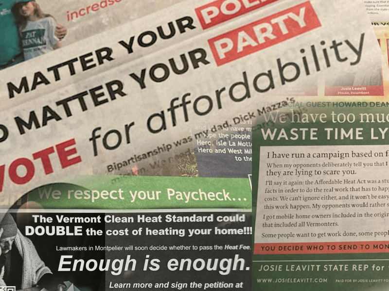 A collage of political campaign materials highlighting themes of affordability, paying taxes, and climate policy costs.