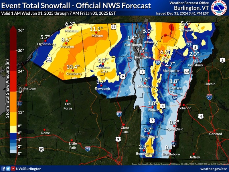 Winter storm forecast to greet Vermont on New Year’s Day