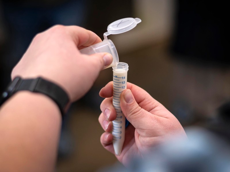 A person pours liquid from a small container into a graduated test tube.