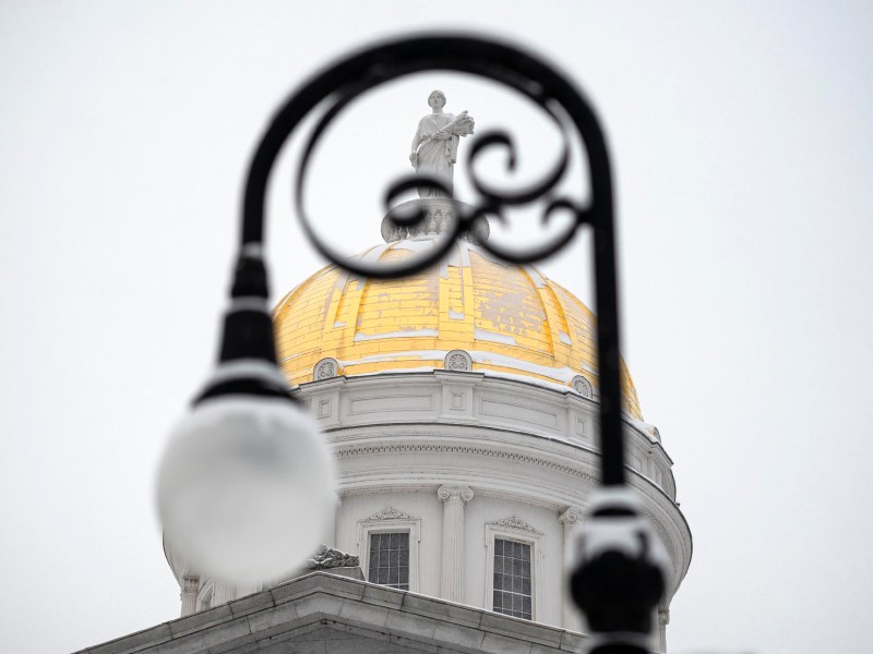 A golden-domed building with a statue on top is partially obscured by a black ornate streetlamp, set against a gray sky.