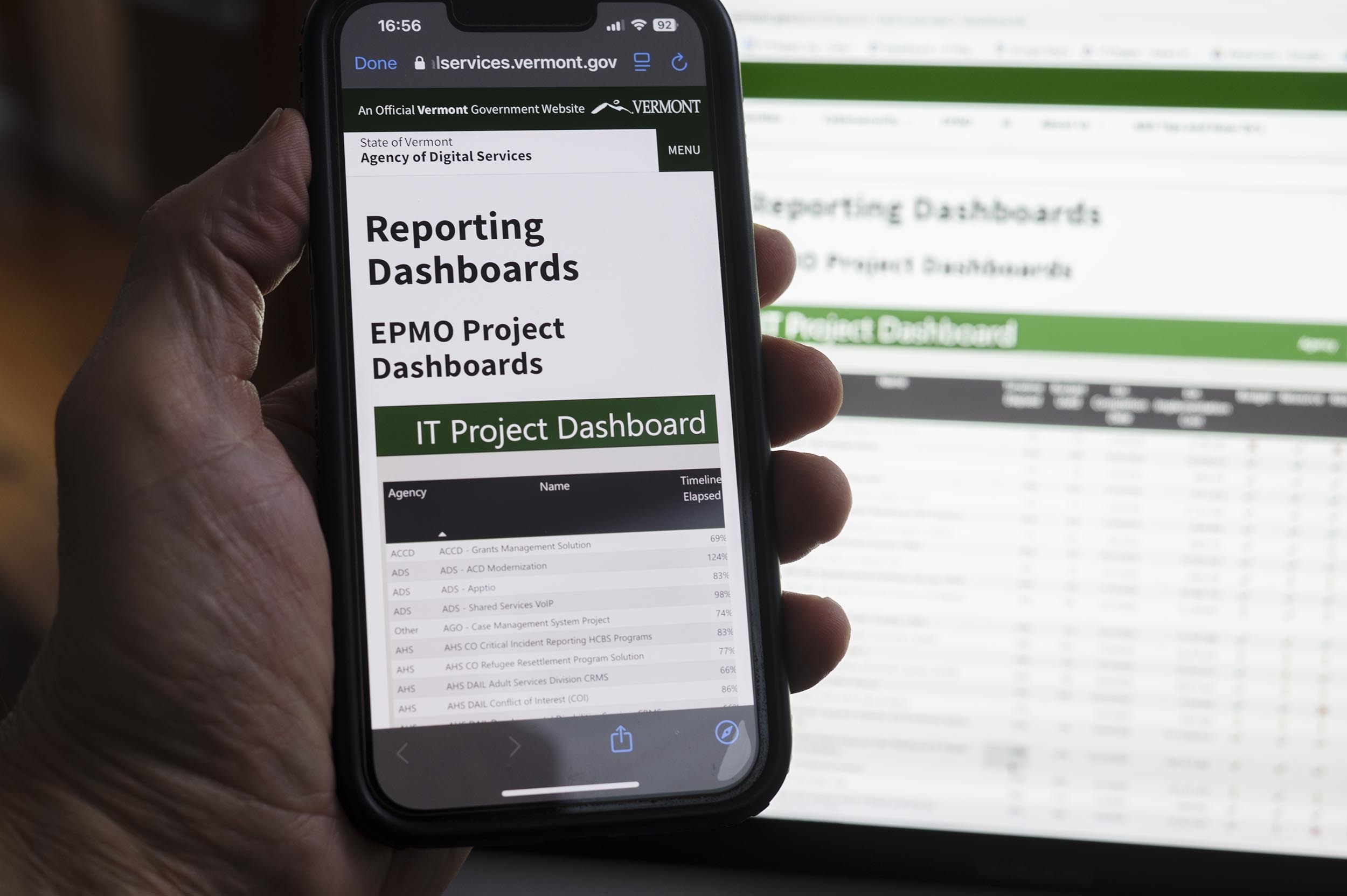 A hand holds a smartphone displaying a Vermont government website for IT Project Dashboards, with a computer screen showing a similar dashboard in the background.