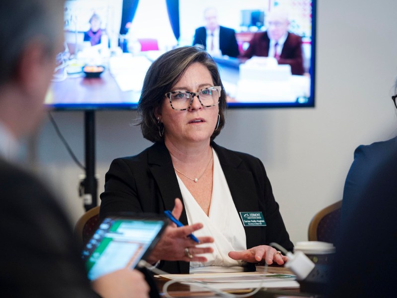 A woman in business attire speaks at a meeting with a screen in the background showing a video conference.