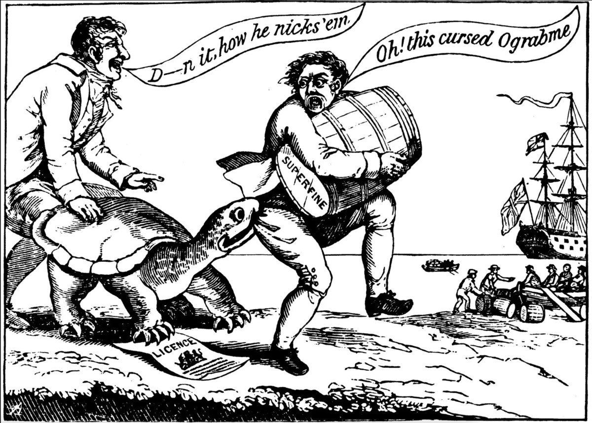 Political cartoon with a man riding a turtle marked "Licence" and another carrying a barrel labeled "Superfine," lamenting a ship labeled "Oh! this cursed Ograbme.