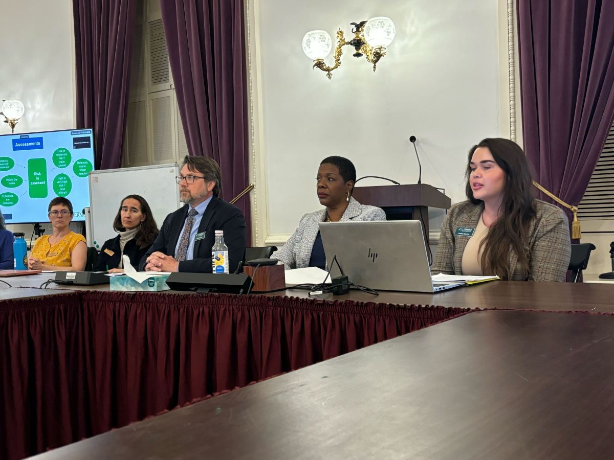 Five individuals sit at a conference table with laptops and papers, engaging in a discussion. A presentation screen and maroon curtains are visible in the background.