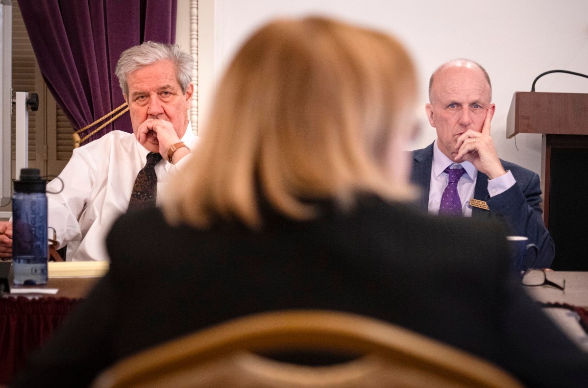 Two men seated at a meeting table appear focused, looking past a person in the foreground. A lectern is visible in the background.