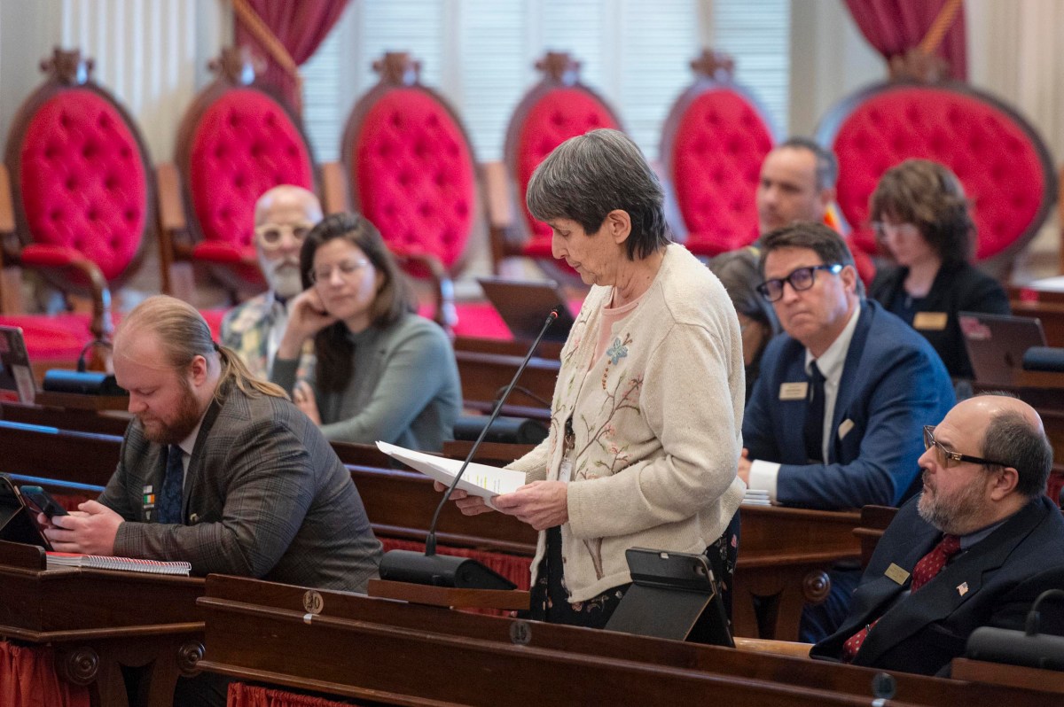 A woman stands and speaks at a podium in a formal meeting room, surrounded by seated individuals listening attentively.