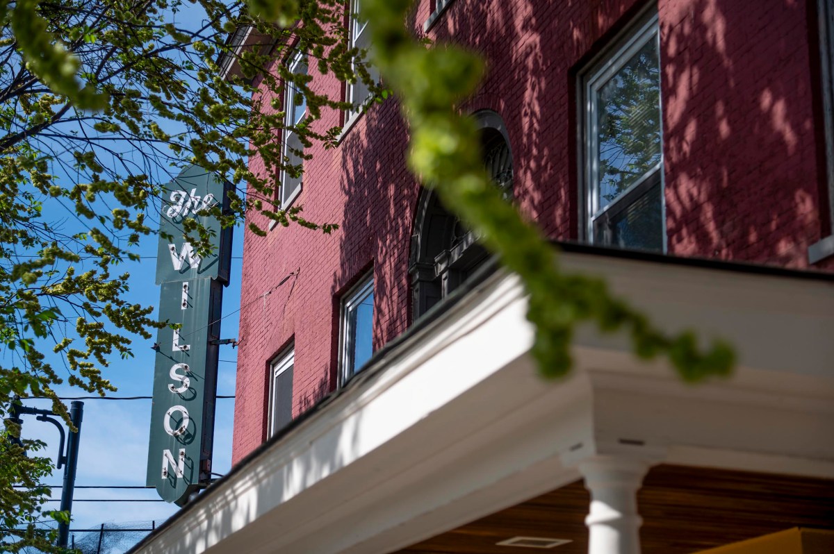 A green sign reading "The Wilson" is attached to a red brick building, partially obscured by leafy tree branches in the foreground.