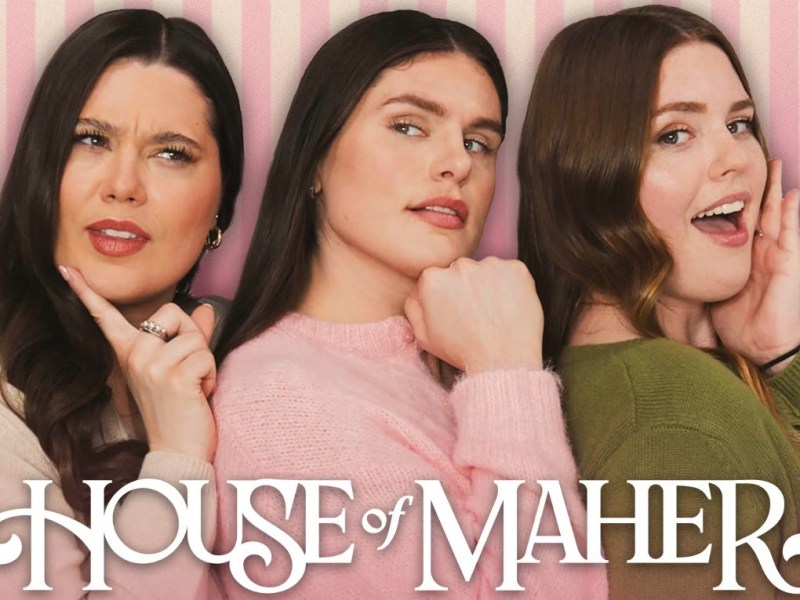 Three women pose in front of a pink striped background, each with different facial expressions; text at the bottom reads "House of Maher.