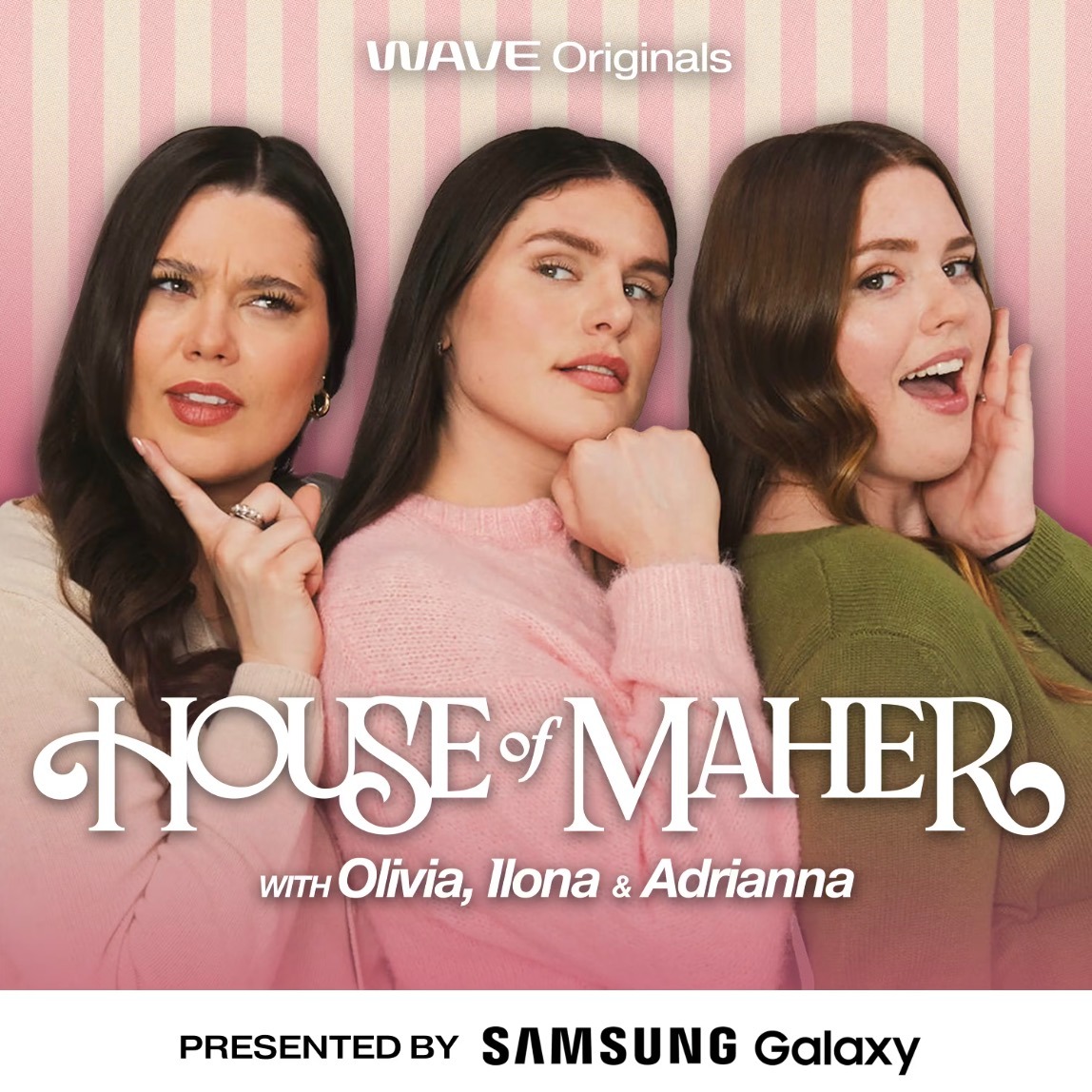Three women pose against a pink striped background with the text "House of Maher with Olivia, Ilona & Adrianna" and "Presented by Samsung Galaxy.
