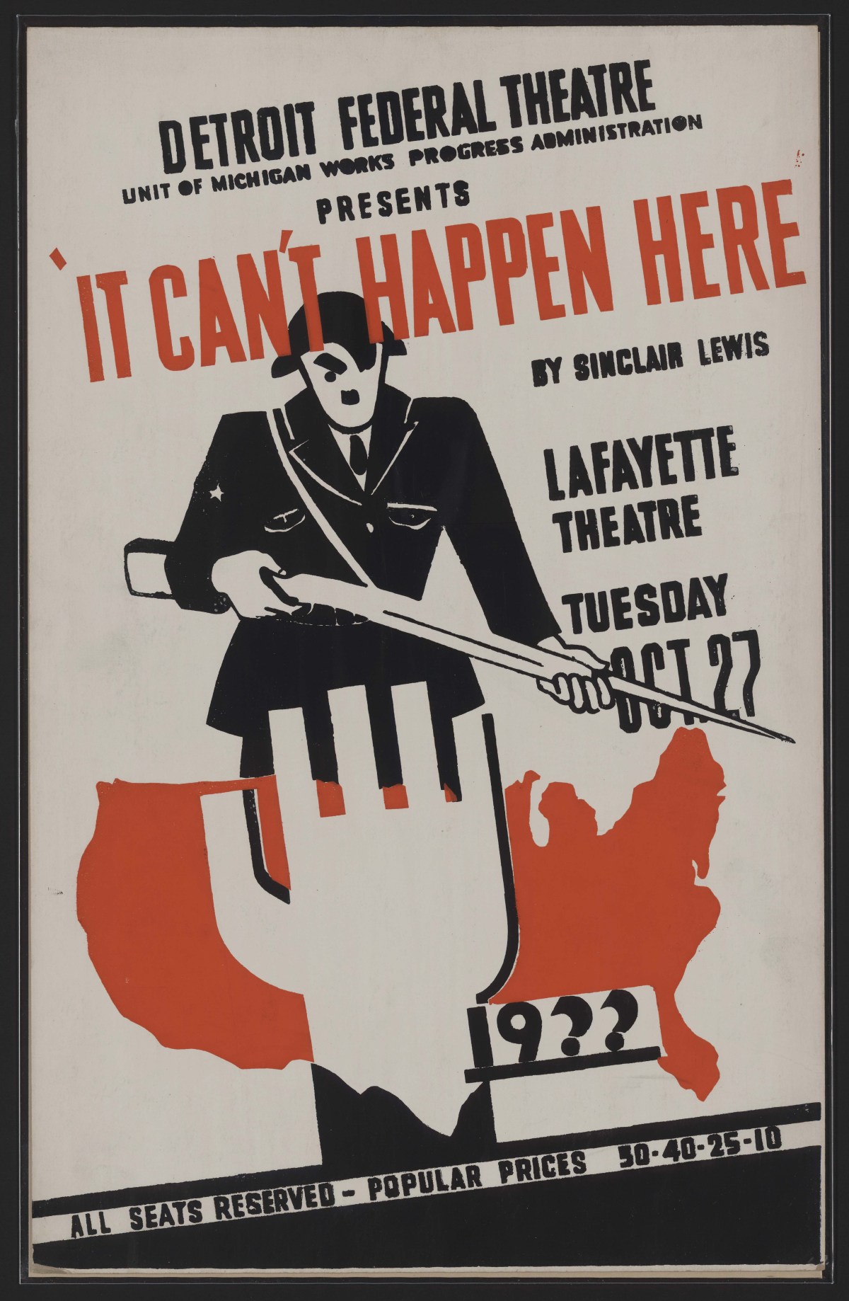 Poster for "It Can't Happen Here" play, showing a faceless figure with a rifle over a red U.S. map, performed at Lafayette Theatre, Detroit, on October 27, 1937.