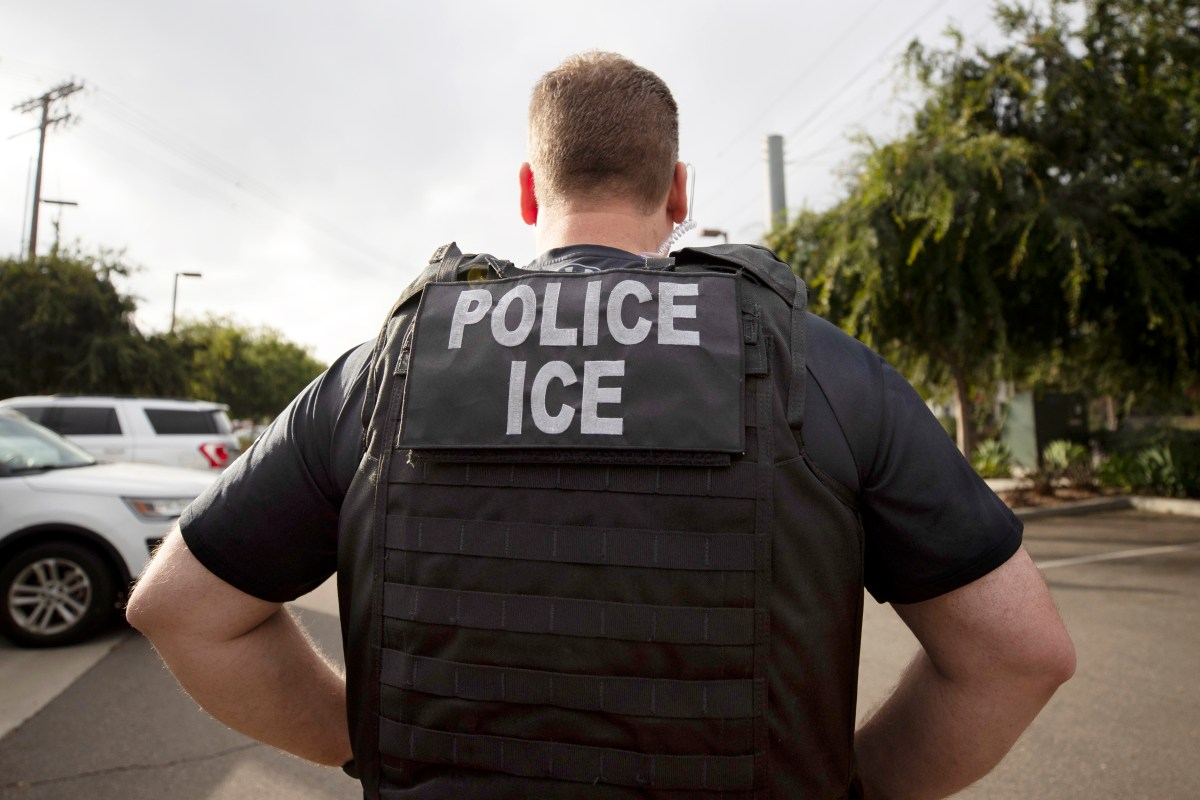 A law enforcement officer wearing a vest labeled "Police ICE" stands outdoors with hands on hips, facing away from the camera.